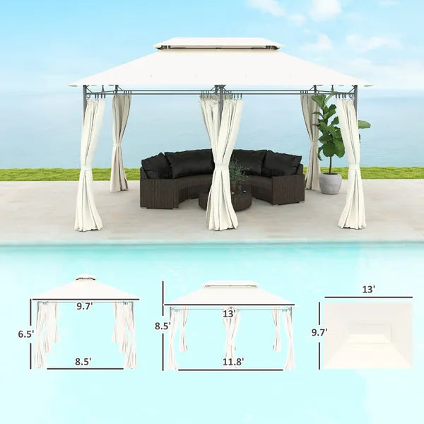 Outsunny 10' x 13' Double Roof Patio Gazebo, Outdoor Gazebo with Curtains, for Garden, Lawn, Backyard and Deck, Cream White - product image 3