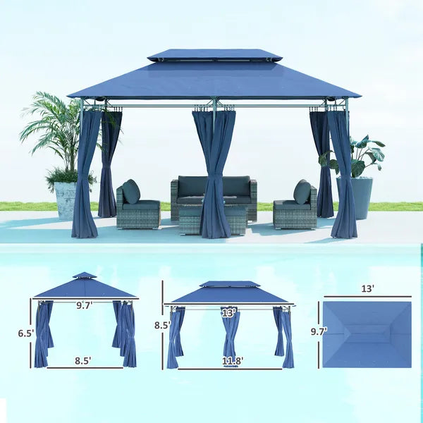 Outsunny 10 ft x 13 ft Double Roof Patio Gazebo, Outdoor Gazebo with Curtains, for Garden, Lawn, Backyard and Deck, Dark Blue - product image 3