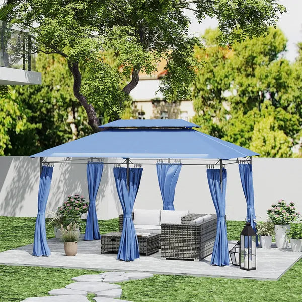 Outsunny 10 ft x 13 ft Double Roof Patio Gazebo, Outdoor Gazebo with Curtains, for Garden, Lawn, Backyard and Deck, Dark Blue - product image 2