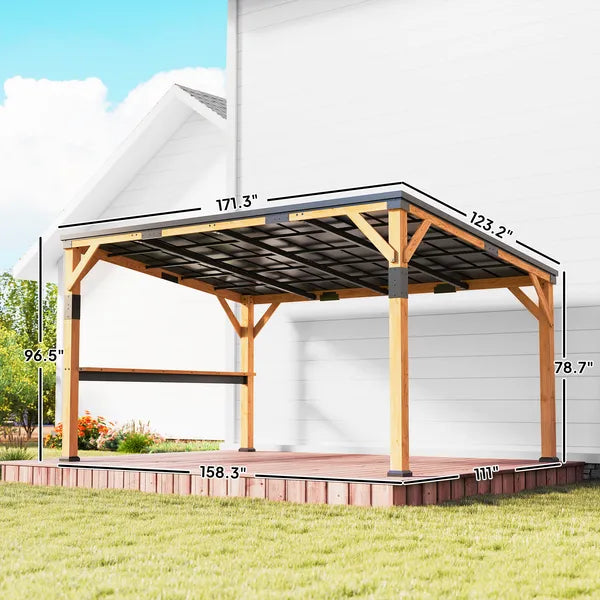 Outsunny 10 ft x 14 ft Wooden Gazebo, Hardtop Lean-to Gazebo Pergola with Galvanized Steel Sloped Roof, Bar Shelf, Natural Wood - product image 3