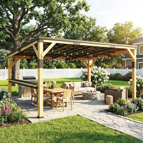 Outsunny 10 ft x 14 ft Wooden Gazebo, Hardtop Lean-to Gazebo Pergola with Galvanized Steel Sloped Roof, Bar Shelf, Natural Wood - product image 11
