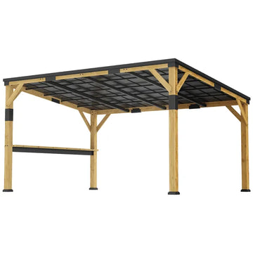 Outsunny 10 ft x 14 ft Wooden Gazebo, Hardtop Lean-to Gazebo Pergola with Galvanized Steel Sloped Roof, Bar Shelf, Natural Wood - product image 1