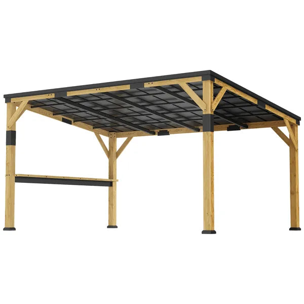 Outsunny 10 ft x 14 ft Wooden Gazebo, Hardtop Lean-to Gazebo Pergola with Galvanized Steel Sloped Roof, Bar Shelf, Natural Wood - product image 1