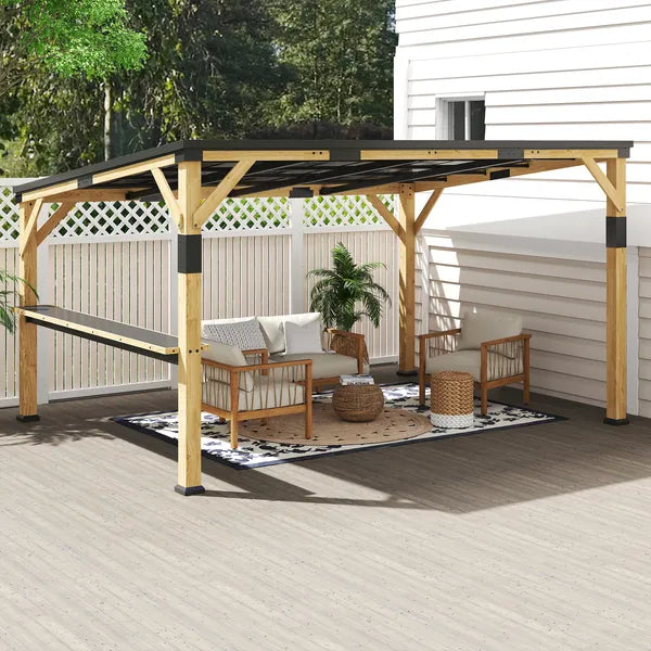 Outsunny 10 ft x 14 ft Wooden Gazebo, Hardtop Lean-to Gazebo Pergola with Galvanized Steel Sloped Roof, Bar Shelf, Natural Wood - product image 8