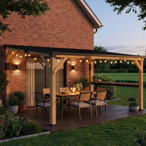 Outsunny 10 ft x 14 ft Wooden Gazebo, Hardtop Lean-to Gazebo Pergola with Galvanized Steel Sloped Roof, Bar Shelf, Natural Wood - product image 2