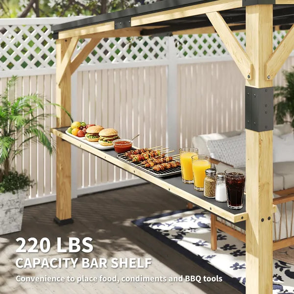 Outsunny 10 ft x 14 ft Wooden Gazebo, Hardtop Lean-to Gazebo Pergola with Galvanized Steel Sloped Roof, Bar Shelf, Natural Wood - product image 5