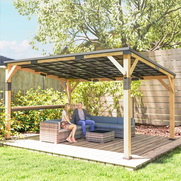Outsunny 10 ft x 14 ft Wooden Gazebo, Hardtop Lean-to Gazebo Pergola with Galvanized Steel Sloped Roof, Bar Shelf, Natural Wood - product image 9