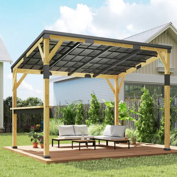 Outsunny 10 ft x 14 ft Wooden Gazebo, Hardtop Lean-to Gazebo Pergola with Galvanized Steel Sloped Roof, Bar Shelf, Natural Wood - product image 7