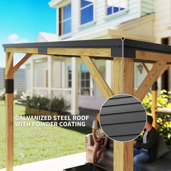 Outsunny 10 ft x 14 ft Wooden Gazebo, Hardtop Lean-to Gazebo Pergola with Galvanized Steel Sloped Roof, Bar Shelf, Natural Wood - product image 4