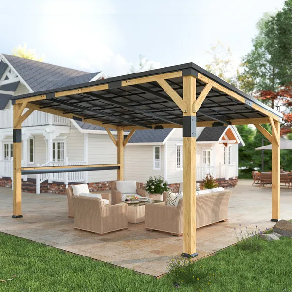 Outsunny 10 ft x 14 ft Wooden Gazebo, Hardtop Lean-to Gazebo Pergola with Galvanized Steel Sloped Roof, Bar Shelf, Natural Wood - product image 10