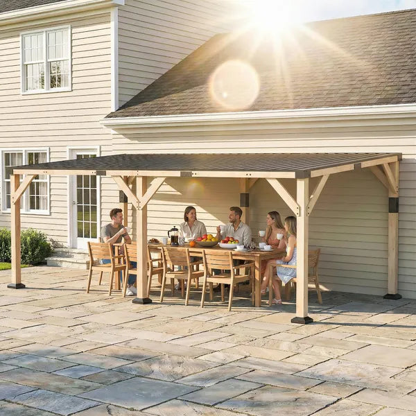 Outsunny 10 ft x 20 ft Wooden Gazebo, Hardtop Lean-to Gazebo Pergola with Galvanized Steel Sloped Roof, Light Walnut - product image 2