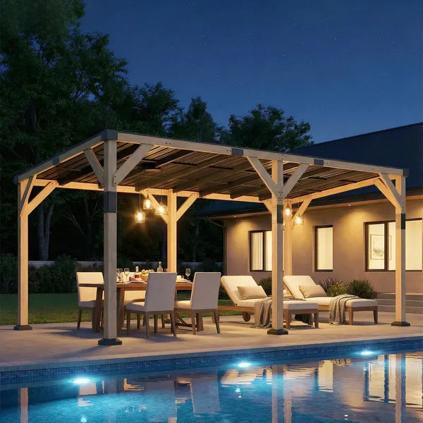 Outsunny 10 ft x 20 ft Wooden Gazebo, Hardtop Lean-to Gazebo Pergola with Galvanized Steel Sloped Roof, Light Walnut - product image 9