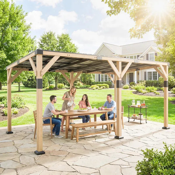 Outsunny 10 ft x 20 ft Wooden Gazebo, Hardtop Lean-to Gazebo Pergola with Galvanized Steel Sloped Roof, Light Walnut - product image 8