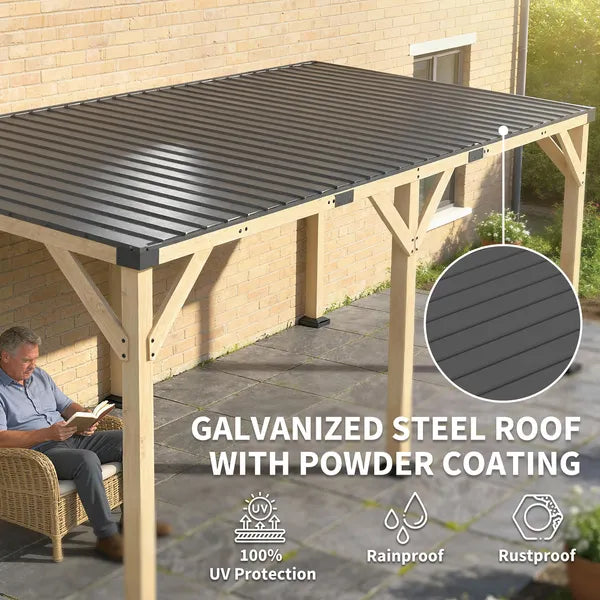 Outsunny 10 ft x 20 ft Wooden Gazebo, Hardtop Lean-to Gazebo Pergola with Galvanized Steel Sloped Roof, Light Walnut - product image 4