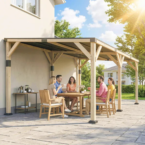 Outsunny 10 ft x 20 ft Wooden Gazebo, Hardtop Lean-to Gazebo Pergola with Galvanized Steel Sloped Roof, Light Walnut - product image 10