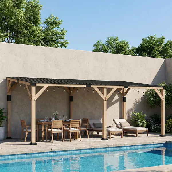 Outsunny 10 ft x 20 ft Wooden Gazebo, Hardtop Lean-to Gazebo Pergola with Galvanized Steel Sloped Roof, Light Walnut - product image 11