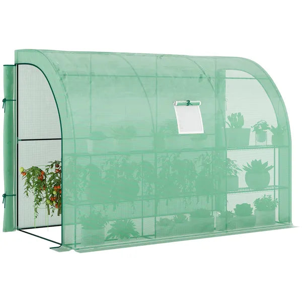 10' x 5' Lean to Green House, Walk-in GreenHouse with 2 Doors and Windows, PE Cover and 3 Shelves, Green - product image 1