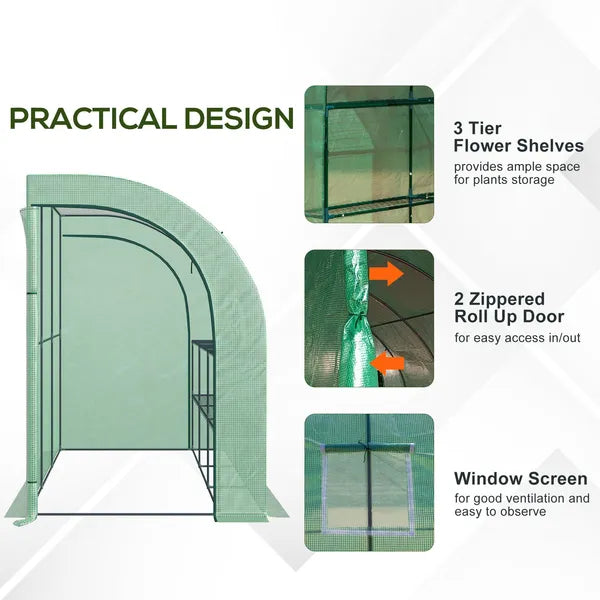 10' x 5' Lean to Green House, Walk-in GreenHouse with 2 Doors and Windows, PE Cover and 3 Shelves, Green - product image 7