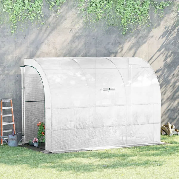 Outsunny 10' x 5' x 7' Lean-to Walk-in Greenhouse, White PE Cover, with 2 Roll-up Doors, Windows and 3 Wire Shelves, Plant Nursery - product image 2