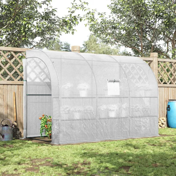Outsunny 10' x 5' x 7' Lean-to Walk-in Greenhouse, White PE Cover, with 2 Roll-up Doors, Windows and 3 Wire Shelves, Plant Nursery - product image 13