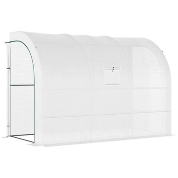 Outsunny 10' x 5' x 7' Lean-to Walk-in Greenhouse, White PE Cover, with 2 Roll-up Doors, Windows and 3 Wire Shelves, Plant Nursery - product image 1