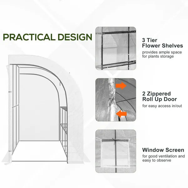 Outsunny 10' x 5' x 7' Lean-to Walk-in Greenhouse, White PE Cover, with 2 Roll-up Doors, Windows and 3 Wire Shelves, Plant Nursery - product image 6