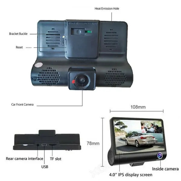 4 Inch 3 Channel 1080P Dash Cam with Front Cabin and Rear Cameras - product view 2