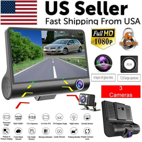 4 Inch 3 Channel 1080P Dash Cam with Front Cabin and Rear Cameras