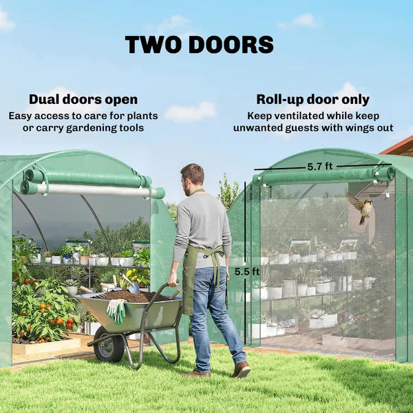 Outsunny 10'x11'x6' Walk-in Tunnel Greenhouse with Shelves, Mesh Door and Windows, Hoop House Greenhouse with PE Cover, Green - product image 7