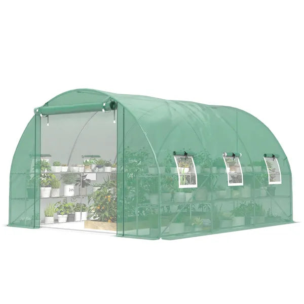 Outsunny 10'x11'x6' Walk-in Tunnel Greenhouse with Shelves, Mesh Door and Windows, Hoop House Greenhouse with PE Cover, Green - product image 1