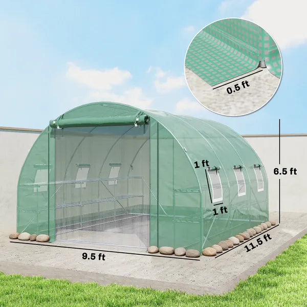 Outsunny 10'x11'x6' Walk-in Tunnel Greenhouse with Shelves, Mesh Door and Windows, Hoop House Greenhouse with PE Cover, Green - product image 3
