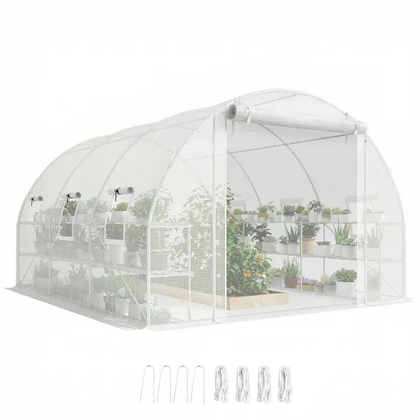 Outsunny 10'x11'x6' Walk-in Tunnel Greenhouse with Shelves, Mesh Door and Windows, Hoop House Greenhouse with PE Cover, White - product image 11