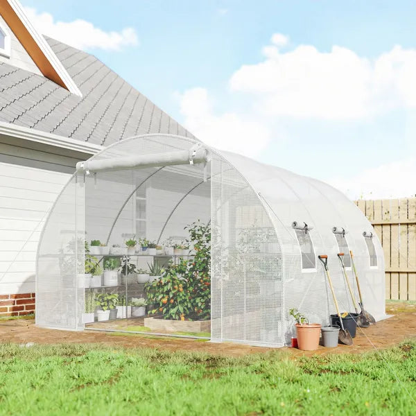 Outsunny 10'x11'x6' Walk-in Tunnel Greenhouse with Shelves, Mesh Door and Windows, Hoop House Greenhouse with PE Cover, White - product image 2