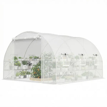 Outsunny 10'x11'x6' Walk-in Tunnel Greenhouse with Shelves, Mesh Door and Windows, Hoop House Greenhouse with PE Cover, White - product image 1