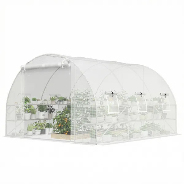 Outsunny 10'x11'x6' Walk-in Tunnel Greenhouse with Shelves, Mesh Door and Windows, Hoop House Greenhouse with PE Cover, White - product image 1