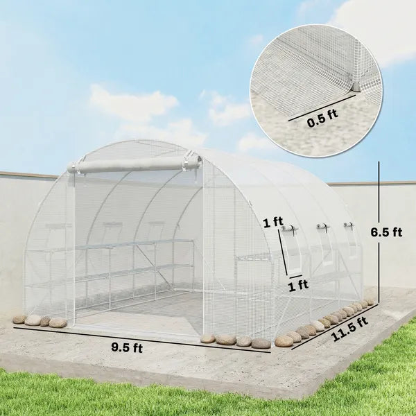 Outsunny 10'x11'x6' Walk-in Tunnel Greenhouse with Shelves, Mesh Door and Windows, Hoop House Greenhouse with PE Cover, White - product image 3