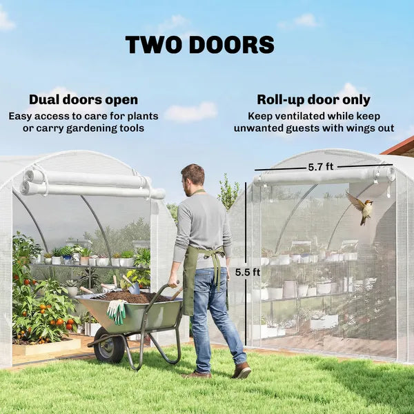 Outsunny 10'x11'x6' Walk-in Tunnel Greenhouse with Shelves, Mesh Door and Windows, Hoop House Greenhouse with PE Cover, White - product image 7