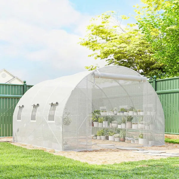Outsunny 10'x11'x6' Walk-in Tunnel Greenhouse with Shelves, Mesh Door and Windows, Hoop House Greenhouse with PE Cover, White - product image 10
