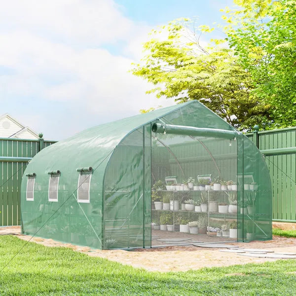 Outsunny 10 ft x 11 ft x 6 ft Walk-in Tunnel Greenhouse with Shelves, Mesh Door and Windows, Plant Hot House with PE Cover, Green - product image 10