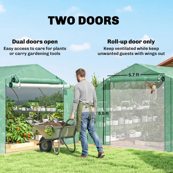 Outsunny 10 ft x 11 ft x 6 ft Walk-in Tunnel Greenhouse with Shelves, Mesh Door and Windows, Plant Hot House with PE Cover, Green - product image 7