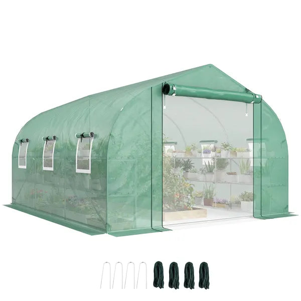 Outsunny 10 ft x 11 ft x 6 ft Walk-in Tunnel Greenhouse with Shelves, Mesh Door and Windows, Plant Hot House with PE Cover, Green - product image 11