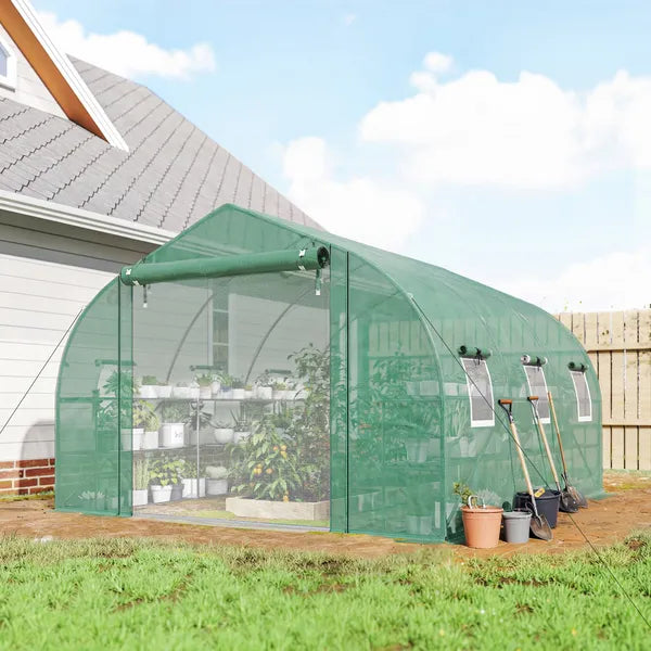 Outsunny 10 ft x 11 ft x 6 ft Walk-in Tunnel Greenhouse with Shelves, Mesh Door and Windows, Plant Hot House with PE Cover, Green - product image 2