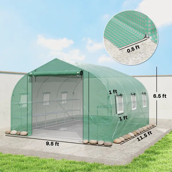 Outsunny 10 ft x 11 ft x 6 ft Walk-in Tunnel Greenhouse with Shelves, Mesh Door and Windows, Plant Hot House with PE Cover, Green - product image 3