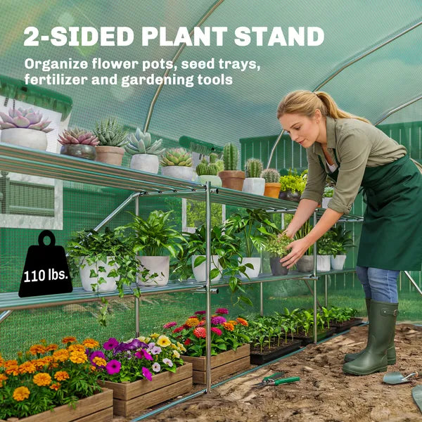 Outsunny 10 ft x 11 ft x 6 ft Walk-in Tunnel Greenhouse with Shelves, Mesh Door and Windows, Plant Hot House with PE Cover, Green - product image 4