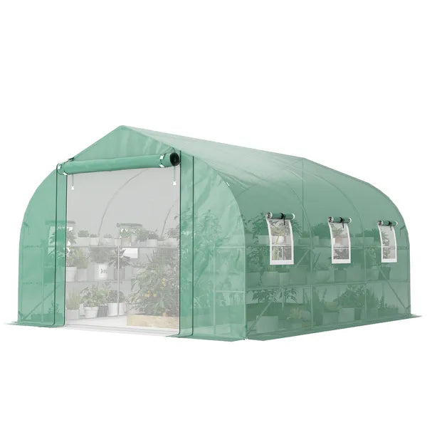 Outsunny 10 ft x 11 ft x 6 ft Walk-in Tunnel Greenhouse with Shelves, Mesh Door and Windows, Plant Hot House with PE Cover, Green - product image 1