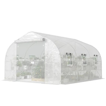 Outsunny 10 ft x 11 ft x 6 ft Walk-in Tunnel Greenhouse with Shelves, Mesh Door and Windows, Plant Hot House with PE Cover, White - product image 1