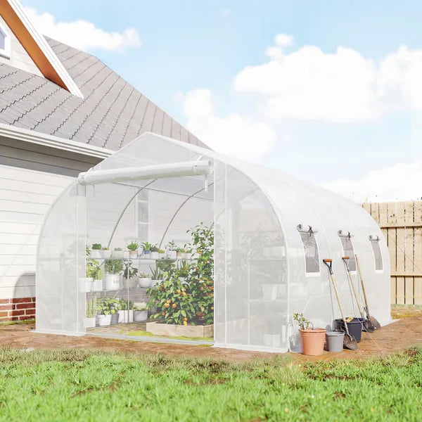 Outsunny 10 ft x 11 ft x 6 ft Walk-in Tunnel Greenhouse with Shelves, Mesh Door and Windows, Plant Hot House with PE Cover, White - product image 2
