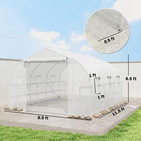 Outsunny 10 ft x 11 ft x 6 ft Walk-in Tunnel Greenhouse with Shelves, Mesh Door and Windows, Plant Hot House with PE Cover, White - product image 3