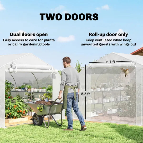 Outsunny 10 ft x 11 ft x 6 ft Walk-in Tunnel Greenhouse with Shelves, Mesh Door and Windows, Plant Hot House with PE Cover, White - product image 7