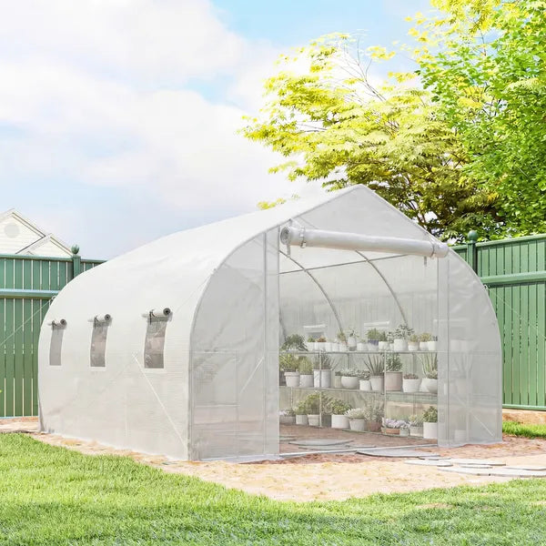 Outsunny 10 ft x 11 ft x 6 ft Walk-in Tunnel Greenhouse with Shelves, Mesh Door and Windows, Plant Hot House with PE Cover, White - product image 10